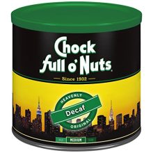 Chock full o’Nuts Decaf Original Roast coffee in a recyclable steel can, showcasing its medium roast and premium quality