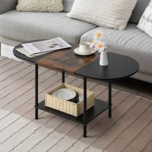 Compact Oval Coffee Table with Rustic Wood Top and Metal Frame, Featuring Two-Tier Storage Shelves for Small Spaces 