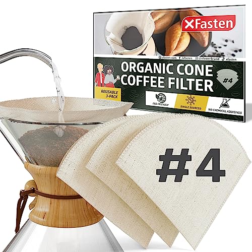 XFasten Organic Hemp Coffee Filters No. 4 - 3-Pack Reusable Cloth Filters for Chemex & V60 Coffee Makers, Unbleached, Easy to Clean, Eco-Friendly