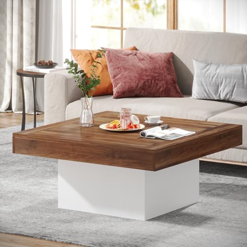 Square LED coffee table with a rustic brown finish and black metal legs, featuring a 35.4-inch surface and adjustable LED lights, ideal for living rooms and entertainment spaces.