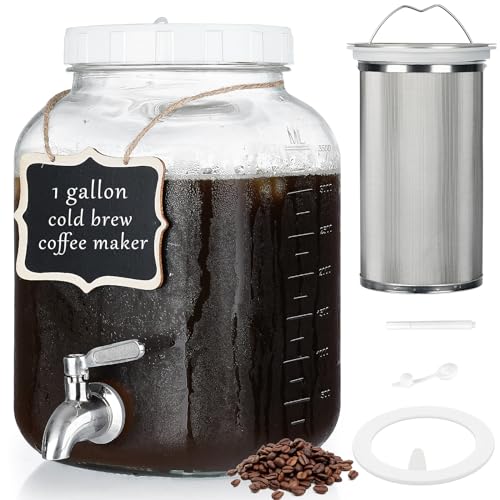 Folinstall 1 Gallon Cold Brew Coffee Maker with Stainless Steel Spigot and Airtight Glass Pitcher for Cold Brew Coffee and Iced Tea