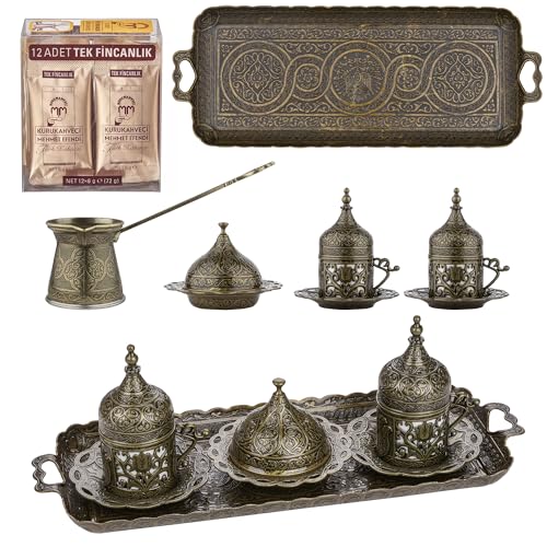 Authentic Green Premium Turkish Coffee Set with Ottoman Motifs - 12-Person Coffee Service with Tray and Delight Bowl