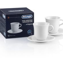 Set of 2 De'Longhi porcelain cappuccino cups with matching saucers in white, featuring Italian design and microwave-safe durability.