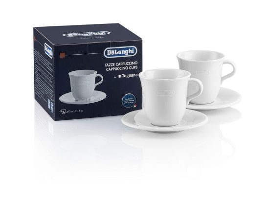 Set of 2 De'Longhi porcelain cappuccino cups with matching saucers in white, featuring Italian design and microwave-safe durability.