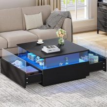 YITAHOME Modern Square Coffee Table with LED Lights and Two Sliding Drawers – Black Acrylic Wood Design for Living Room