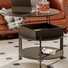 Black round lift-top coffee table with a wood grain finish. Features include a lift-top design, hidden storage compartment, and open side shelves. Ideal for living rooms, home offices, and dining areas