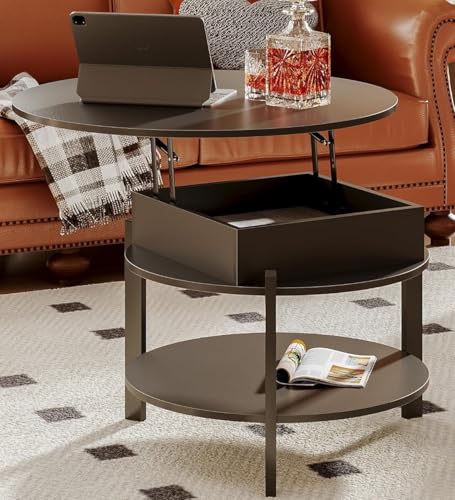 Black round lift-top coffee table with a wood grain finish. Features include a lift-top design, hidden storage compartment, and open side shelves. Ideal for living rooms, home offices, and dining areas