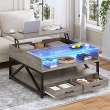 Modern 31.5-inch lift-top coffee table with LED lights, large hidden storage, and open shelves in grey, perfect for contemporary living rooms.