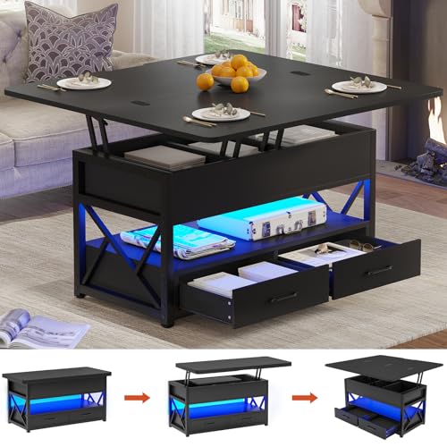 Modern Itaaar 40" Lift-Top Coffee Table in black with LED lighting, featuring multiple storage options and a versatile 4-in-1 design suitable for living rooms and dining areas