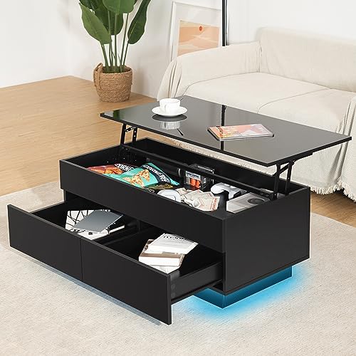 Modern black lift-top coffee table with hidden storage, adjustable LED lights, and a high gloss finish for contemporary living rooms