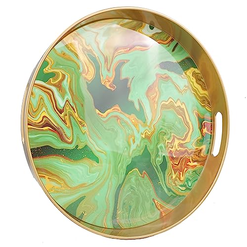 Elegant Leemxiiny Round Green Marbling Tray with Gold Handles, perfect for coffee tables, bathroom vanities, and home decor