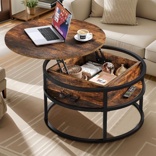 Round Lift-Top Coffee Table with Rustic Brown Wood Finish, Hidden Compartment, and Iron Base – Ideal for Living Room and Storage Solutions