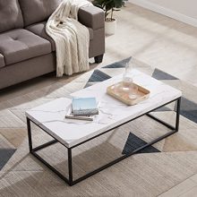 Modern rectangular coffee table with white faux marble top and heavy-duty gold metal frame.