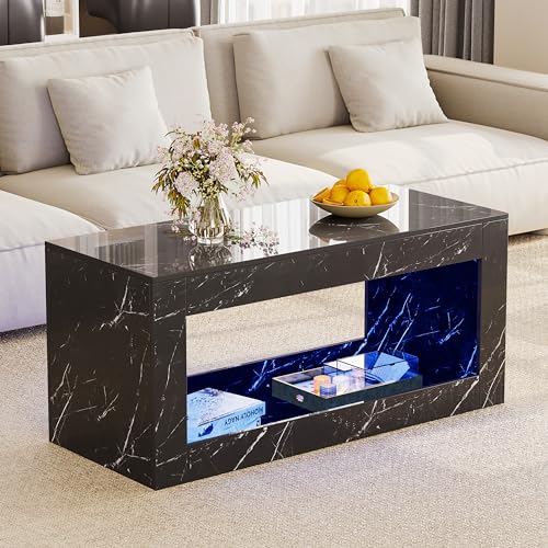 Modern coffee table with high gloss marble print, open storage, and integrated RGB LED lights, ideal for living room decor.