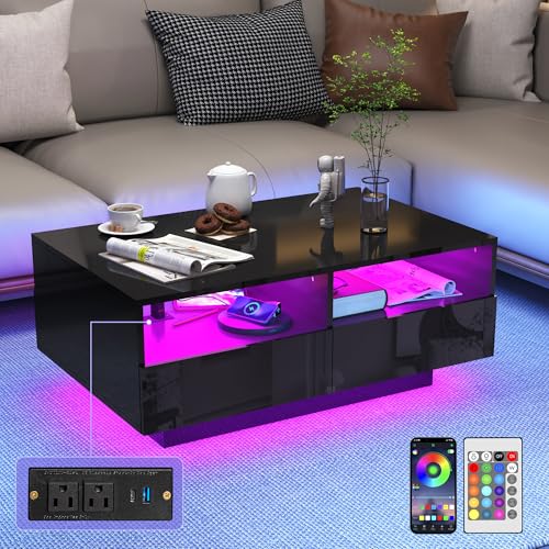 Modern high gloss coffee table with adjustable LED lighting, featuring four sliding storage drawers and a sleek black finish, designed for living rooms and bedrooms