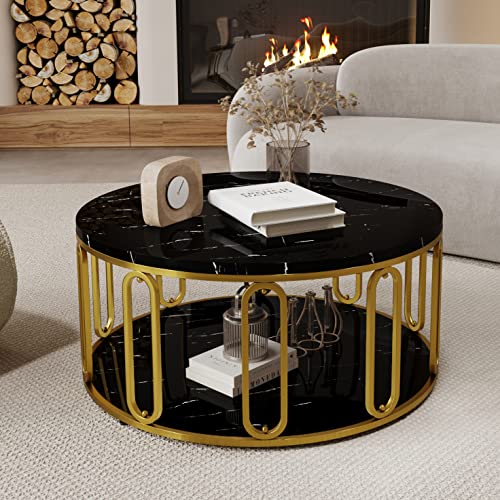 Elegant Round Coffee Table with Marble Pattern and Golden Metal Legs – Modern Two-Tier Design for Living Room