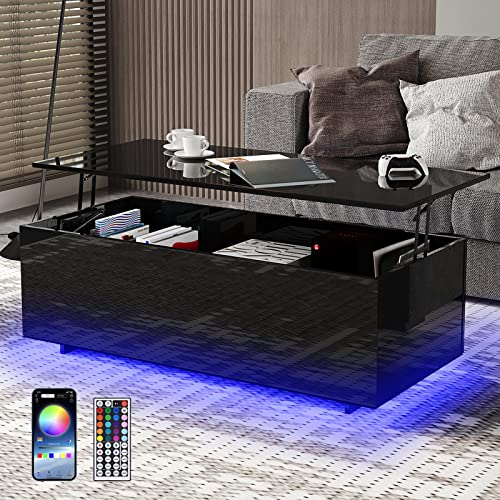 47" Lift Top Coffee Table with RGB LED Lights and Hidden Storage – Modern High Gloss Design for Living Room