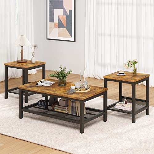 Industrial Coffee Table Set with Metal Frame and Wood Top – Includes 1 Coffee Table and 2 End Tables, Rustic Brown Finish