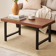 44-inch modern coffee table with a butcher block top and industrial metal legs, featuring a brown faux wood finish and a sturdy design, ideal for living room use.