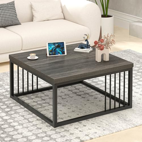 Modern 31.5 inch Square Coffee Table with Split Tabletop in Dark Gray, Perfect for Living Room and Office