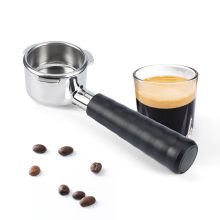 54mm Bottomless Portafilter with natural wood handle and high-polished stainless steel, designed for Breville espresso machines, showing its sleek and functional design.