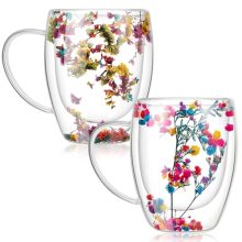 Set of 2 Double Wall Glass Coffee Mugs with Floral Designs – 350 ml Heat-Resistant Cups with Handles, Ideal for Hot and Cold Drinks