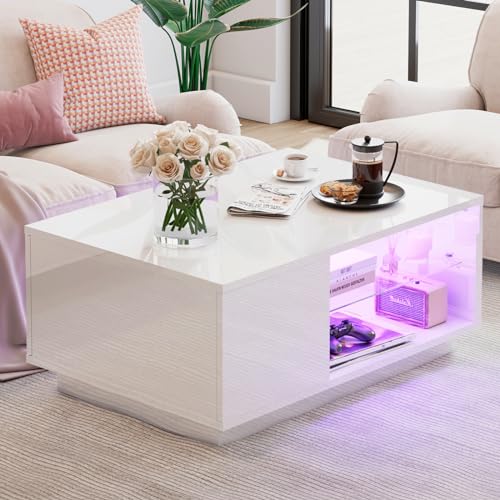 White high gloss LED coffee table with remote control, featuring a 20-color light system and ample storage space, enhancing a modern living room.