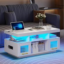 FOMNEY Smart LED Coffee Table with charging station, 4 storage spaces, auto-sensing lights, and modern design for living room.