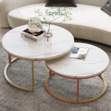 Round coffee table set with gold metal frame and high-gloss faux marble tops, featuring a large and small table in a modern design, ideal for living room décor