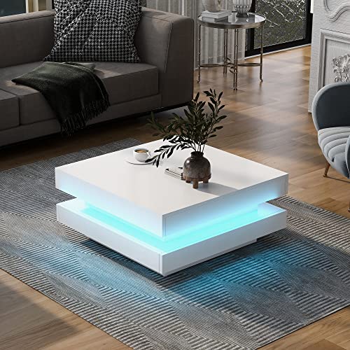 Modern White LED Coffee Table with 7-Color Lighting – 2-Tier High Gloss Center Table with Remote Control, Ideal for Living Room, Office, and Party Settings