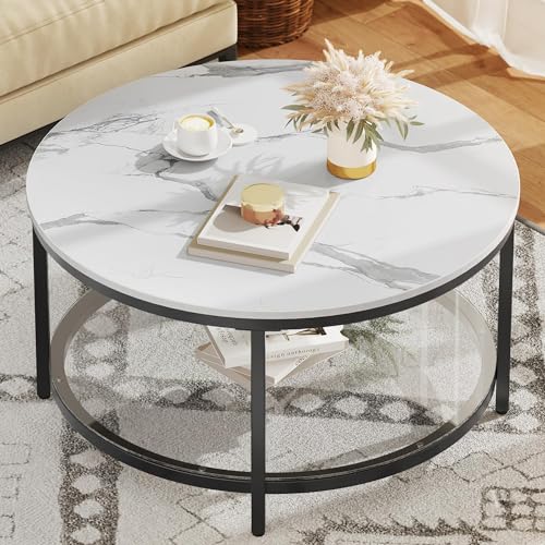 Round Glass Coffee Table with Two-Tier Storage – Stylish White Marble Design for Living Room