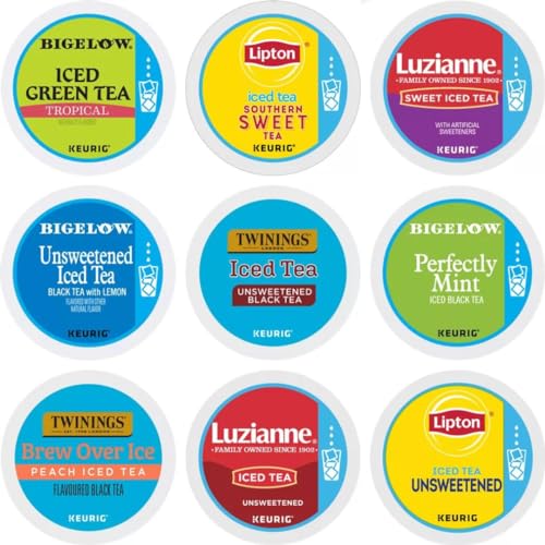 Sampler of 20 Iced Tea K-Cup Pods in Custom Kupix Gift Box featuring Twinings, Bigelow, Lipton, and Luzianne brands for Keurig brewers