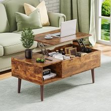 OLIXIS Modern Lift Top Coffee Table in Rust Brown with Hidden Storage and Side Shelves – Ideal for Living Room or Office Use