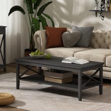 ChooChoo Oxford 47-Inch Black Wood Coffee Table with X Design and 2-Tier Storage