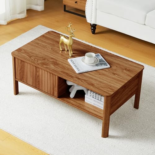 Mid-century modern rectangular wood coffee table with sliding door and dual storage shelves, finished in walnut, perfect for living rooms and apartments