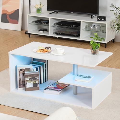 Modern white coffee table with LED lights and S-shaped 3-tier storage, high gloss finish, suitable for living room or home office.