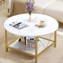 DWVO Round Coffee Table featuring a round marble top and rustic wood bottom shelf, supported by adjustable gold metal legs, designed for a stylish and functional addition to modern living rooms