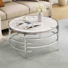 Round modern coffee table with a 32-inch faux marble top and a golden hammered metal base. Features a stylish