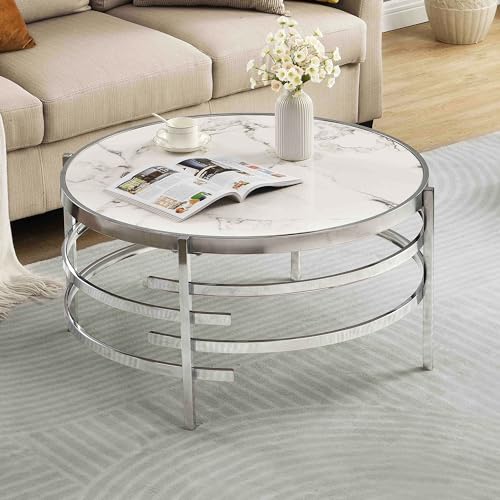 Round modern coffee table with a 32-inch faux marble top and a golden hammered metal base. Features a stylish