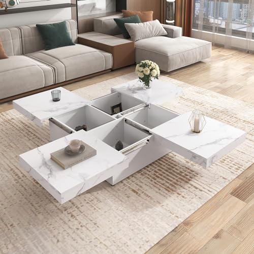 White square coffee table with a marble veneer top and sliding feature, showcasing ample storage underneath in a modern living room setting.