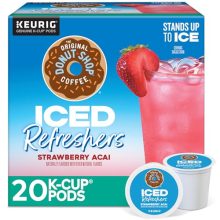 Box of The Original Donut Shop Iced Strawberry Açaí K-Cup Pods for Keurig, with 20 count packaging, featuring fruity and refreshing drink options