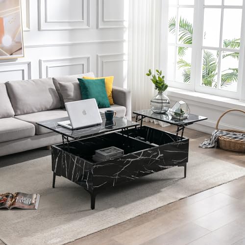 Modern black lift top coffee table with hidden storage and marble veneer surface, featuring two side lift tabletops and a sturdy metal frame, ideal for living rooms, home offices, and reception areas.