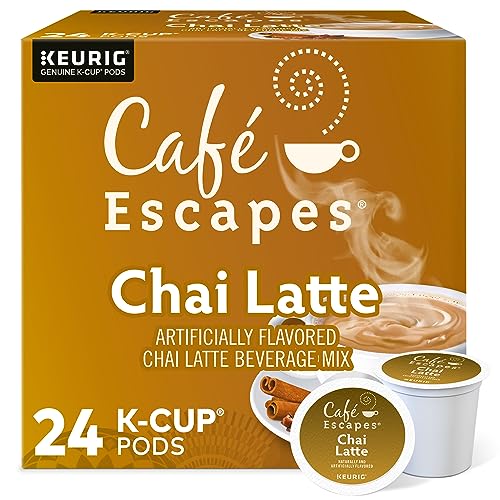 Café Escapes Chai Latte K-Cup Pods – 24 Count, featuring a blend of black tea and exotic spices with real milk, perfect for use with Keurig K-Cup Brewers for a creamy, flavorful latte experience