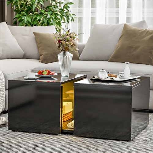 Modern coffee table with high gloss finish, featuring a retractable hidden compartment, 16 color LED lights, and 2 drawers. Ideal for living rooms and offices.