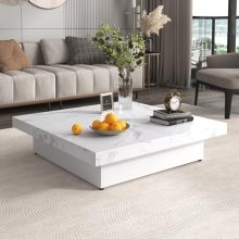 Modern White Marble Veneer Coffee Table with Sliding Top and Storage in a Living Room Setting