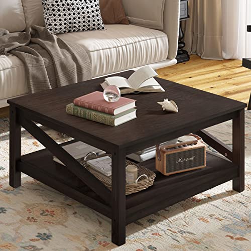 Industrial farmhouse coffee table with two-tier storage shelves in espresso finish, featuring oblique bar design and non-slip feet pads