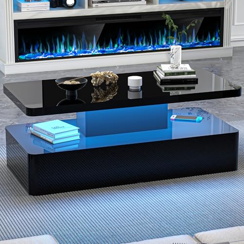 Modern LED Coffee Table with High Gloss Finish and Hidden Power Supply – 16 Color Options, Rounded Corners, and Double-Tier Storage for Living Room