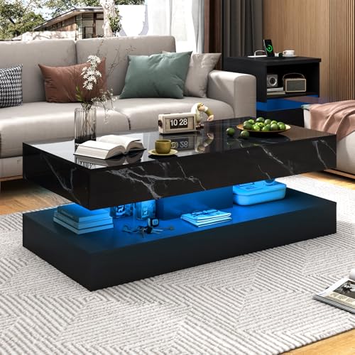 47-Inch Black High-Gloss Coffee Table with Marble Print and LED Lights – Modern Living Room Table with Sliding Drawers