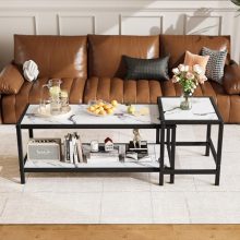 Homeiju coffee table set featuring a faux white marble top and black matte metal frame. Includes two detachable tables with a 2-tier shelf design for ample storage and display