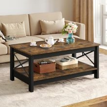 Rustic Brown Coffee Table with Double-Layered Storage and Unique X-Shaped Design for Modern Farmhouse Living Rooms